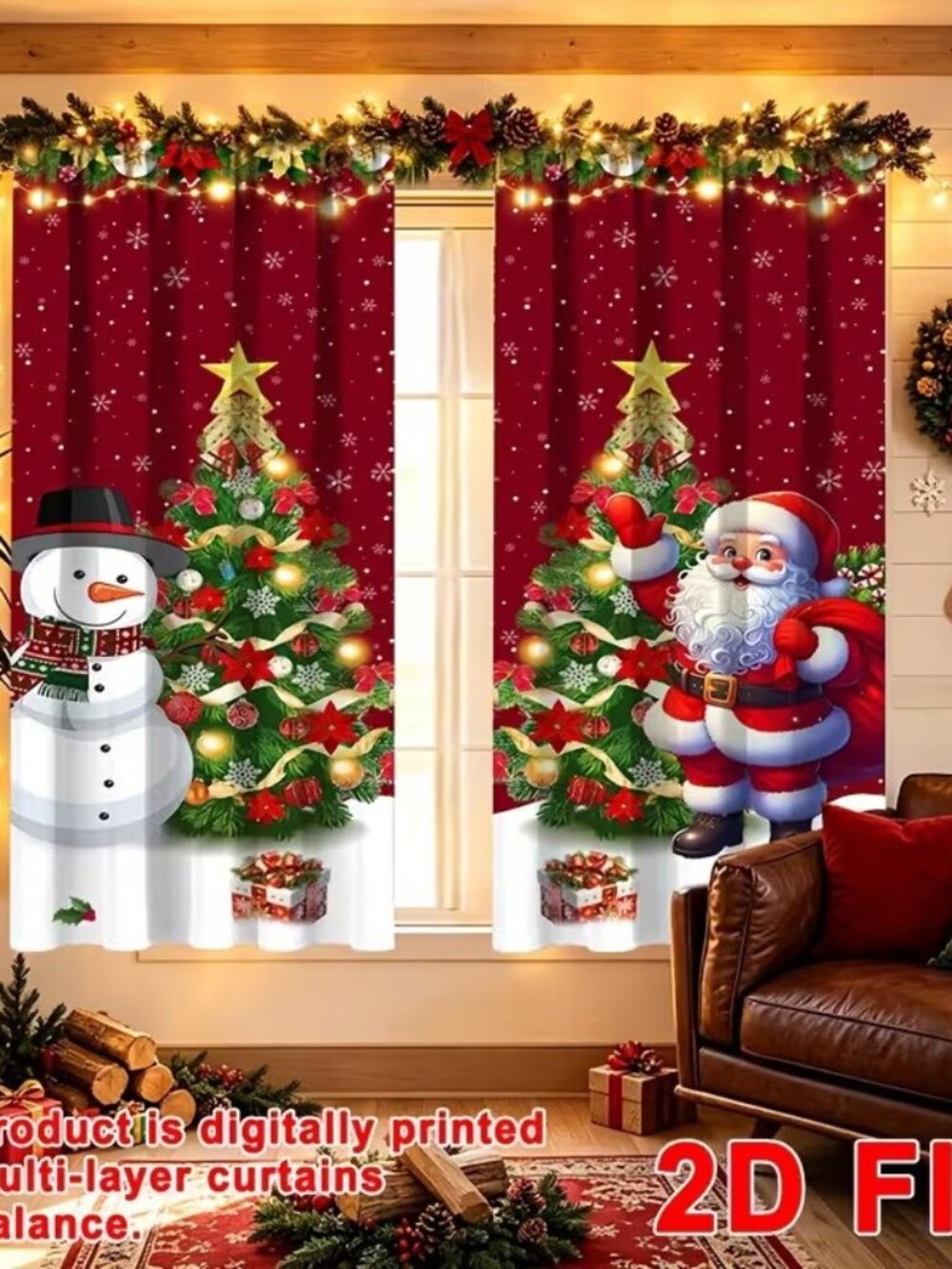 2D Flat 2pcs Christmas Curtains 59x23 Inch Santa Claus Snowman Xmas Tree Design